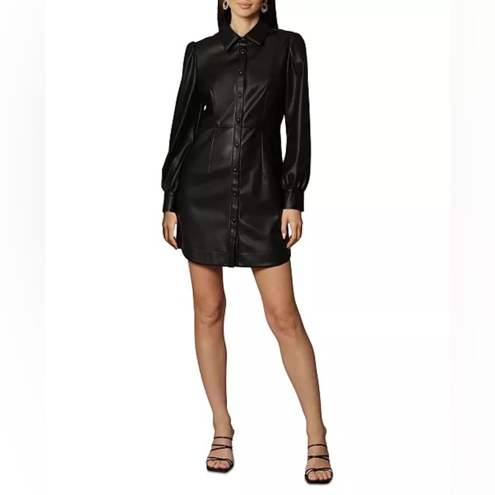 Avec Les Filles Women's Faux-Leather Black Collared Shirtdress‎ Size Medium